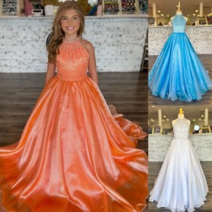 Buyers' PicksBallgown Girl Pageant Dress 2026 High Neck Shimmer Organza Crystal Stone Little Kid Birthday Formal Party Gown Pre-Teen Teens Young Junior Miss Queen Orange Sky Blue