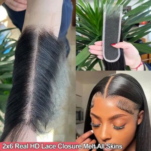 2x6 HD Lace Closure Pre Plucked Human Hair Closures For Woman Deep Parting Frontal Only Straight Body Wave