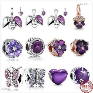 925 Sterling Silver Dangle Charm Purple Sister Mum Nan Dangle Butterfly Love Bead Fit Charms Bracelet DIY Jewelry Accessories