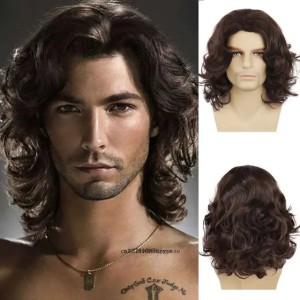 Synthetic M wig Mens long curly brown wig natural fluffy hair daily breathable and heat-resistant for mens role-playing clothing use M241118