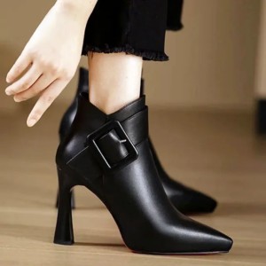 Sexy Pointed Toe Black High Heel Spring Winter PU Leather Zip Design for Women Elegant Belt Buckle Ankle Boots