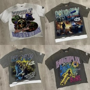 Print Short Sleeve Top Tee Men Women Washed Hole Hot Rough Play T-shirts (Size Size Guide)