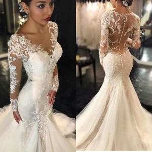 Buyers' PicksVintage Mermaid Wedding Dresses Long Sleeves Lace Appliques Beaded Wedding Gowns Sweep Train Jewel Bridal Gowns (Size Size Guide)