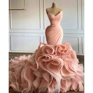 Pink Mermaid Blush Wedding Dresses Ruffles V Neck Sleevelss Pleats Ruched Custom Made Chapel Bridal Gown Vestido De Novia estido (Size Size Guide)