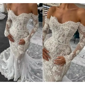 Buyers' PicksLuxury Pearls Lace Mermaid Wedding Dresses With Long Sleeves Arabic Aso Ebi Off Shoulder Bohemian Bridal Gowns Fishtail Court Train Bride Vestidos De Novia DL0346