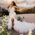 2024 Plus Size Mermaid Wedding Dress Bridal Gowns for Bride Illusion Sheer Neck Bead Pearls Rhinestones Decorated Side Split Ruffles Wedding Gowns for Marriage D248 (Size Size Guide)
