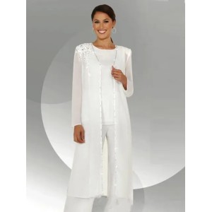 White Chiffon Long Sleeves Mother of the Bride Pant Suits With Long Blouse Sequins Beaded Three Pieces Mother of Groom Pant Suit BA3961