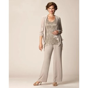 2017 Mother of the Bride Pant Suits Long Sleeves Chiffon Jacket Lace Top Three Pieces Groom Mother Dresses for Wedding Party