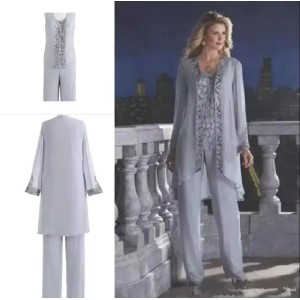 Silver Mother Of The Bride Three-Piece Pant Suit Lace Chiffon Beach Wedding Mother's Groom Dress Long Sleeve Wedding Guest Dresses BA6571