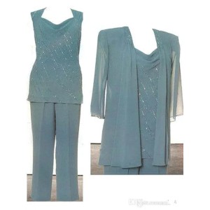 Long Sleeves Chiffon Formal Party Mother of the Bride Pant Suits With Jacket Beaded Sequin Three Pieces Mother of Groom Pant Suit BA7329