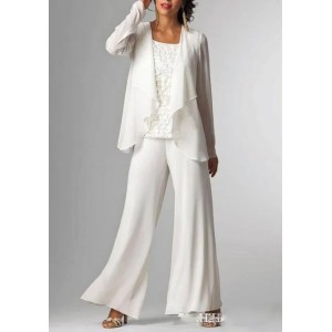 White Chiffon Lady Mother Pants Suits with Jacket Mother of The Bride Dresses 3 Pieces Formal Mother Evening Dresses Hot Sale