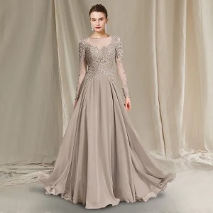 Buyers' PicksVintage A-Line Mother of the Bride Dress 2025 Elegant Jewel Floor Length Chiffon Lace Groom Party Gowns Long Sleeve Pleats Appliques Champagne Robe De Soiree