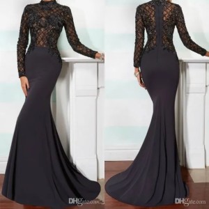 Elegant Mermaid Mother of the Bride Dresses High Neck Long Sleeve Lace Applique Black Beads Crystals Chapel Train Evening Gowns (Size Size Guide)