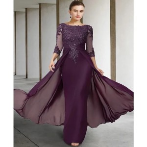 Buyers' Picks2026 Purple Vintage Purple Mother of Bride Dress Jewel Sequin Appliques Sleeves Godmother Wedding Party Gowns Robe De Soiree