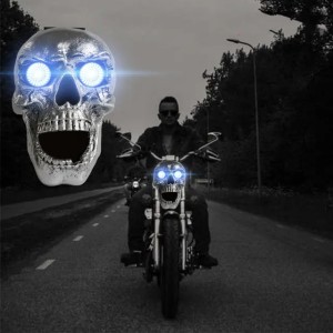 Motorcycle Skull Headlight Universal Custom LED Heada Light Metal Skull HeadlLamp Halloween Motorcycle Decorative Lights (Emitting Red)