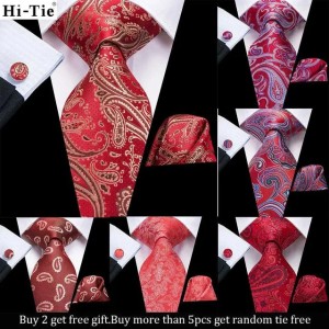 Hi-Tie Gift Mens Tie Red Burgundy Paisley Silk Wedding Tie For Men Hanky Cufflink Set Fashion Design Business Party Dropshipping R250821