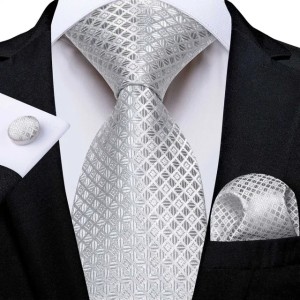 3Pcs Sliver Plaid Solid Grey Silk Men Tie Pocket Suqare Cufflinks 8cm Luxury Wedding Prom Accessories Gravats Gift for Husband R250821