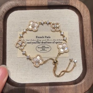 Buyers' PicksGold Tone Clover Shaped Link Bracelet Shell & Crystal Accents Elegant Party Jewelry And Daily Wear Gift For Her High Quality And Stylish Jewelry