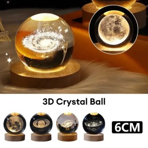 6cm 3D Crystal Ball Planet Night Light Laser Engraved Solar System Globe Astronomy Festival Gifts Home Desktop Decoration (Emitting Warm White)