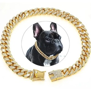 Durable Metal with Secure Buckle for Cats & Dogs Elegant Dog Diamond-Studded Cuban Link Chain Collar